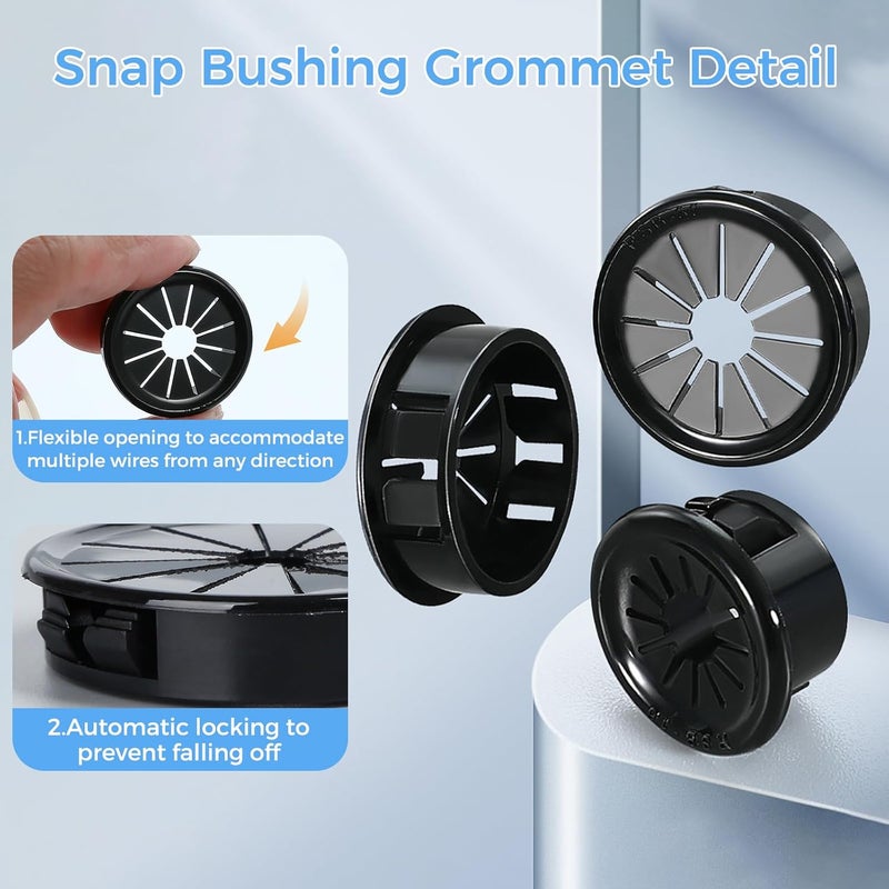 BOPOREAE 4 Pcs Cable Grommet, Snap Bushing 2-1/2" (63 mm) Mounting Diameter, Flexible Petal-Shaped Buckle Round Nylon Desk Grommet for Wires Through Countertop Cord Organizer and Protection, Black - Image 3